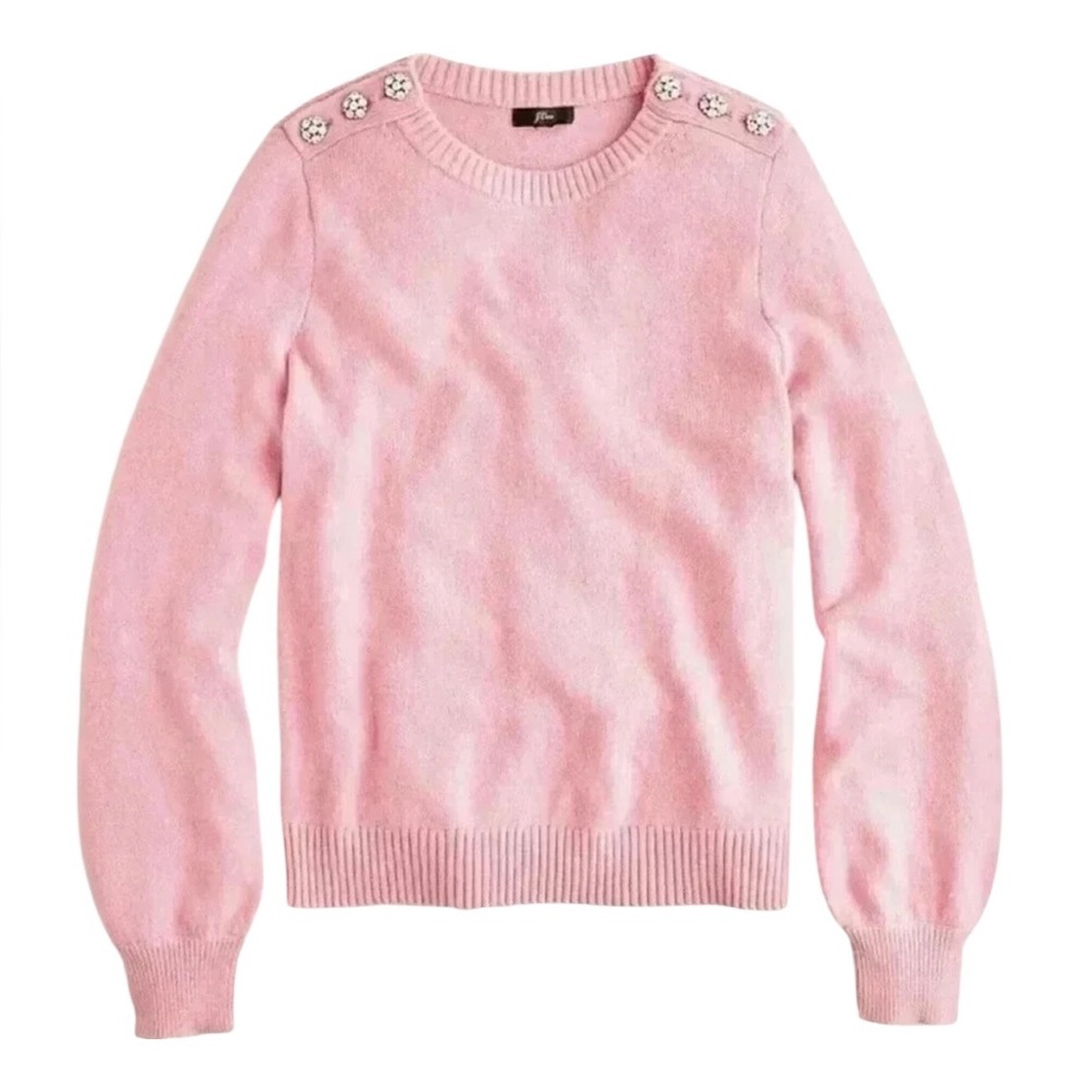 J Crew Long Sleeve Rhinestone Embellished Sweater Pink Lambswool Blend Small